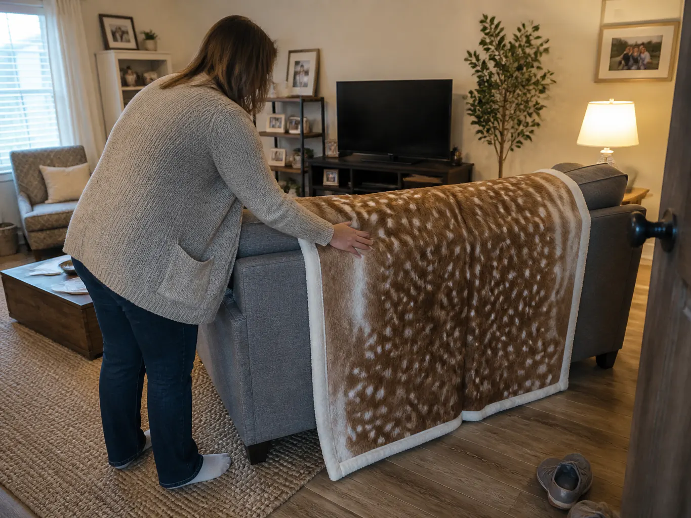 The CabinThrow bunched on a couch cushion beside a half-finished mug of tea