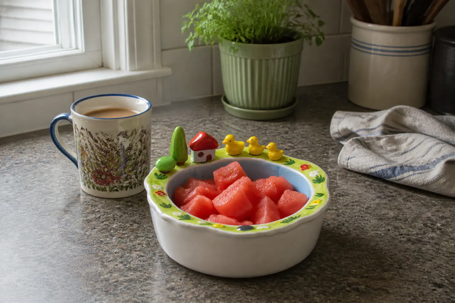 The bowl full of fresh fruit on a counter - a plain snack turned into a moment