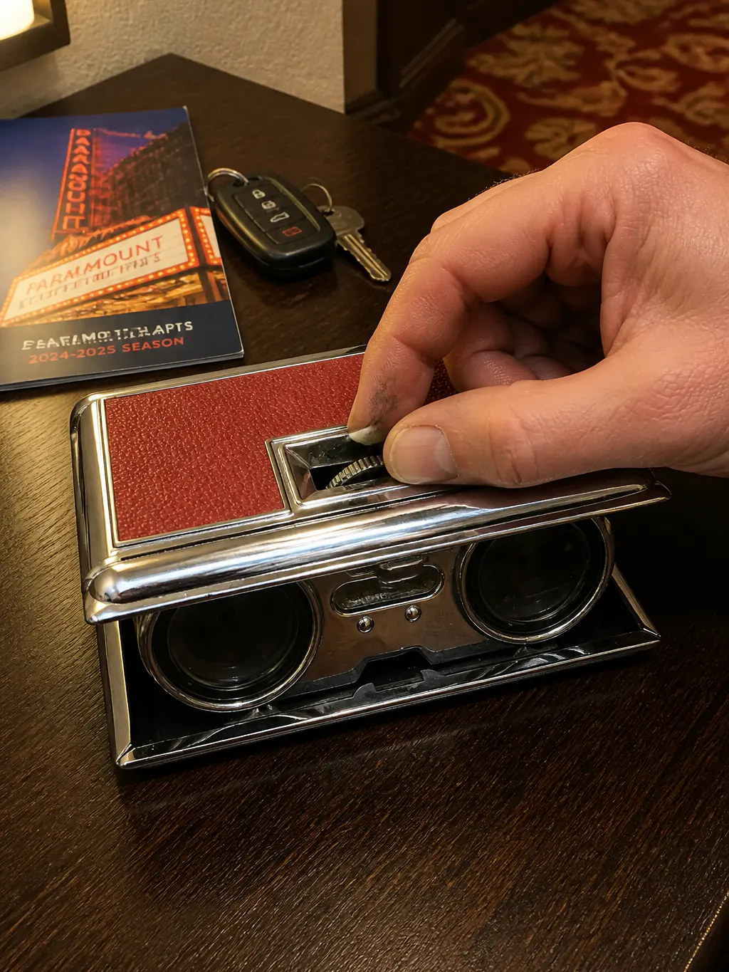 A thumb on the center focus wheel between the two barrels, eyepieces deployed