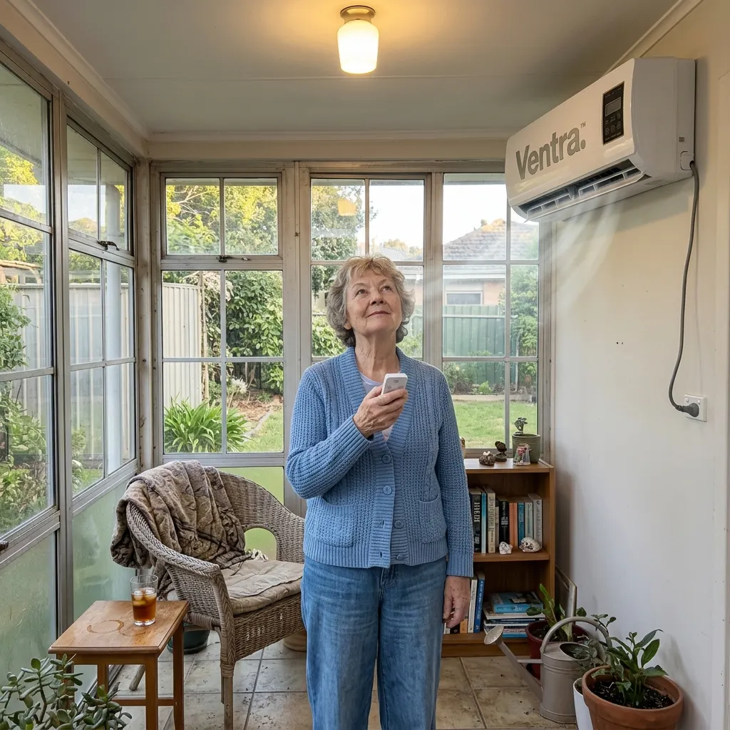 Wall-mounted unit in a glass sunroom off a living area