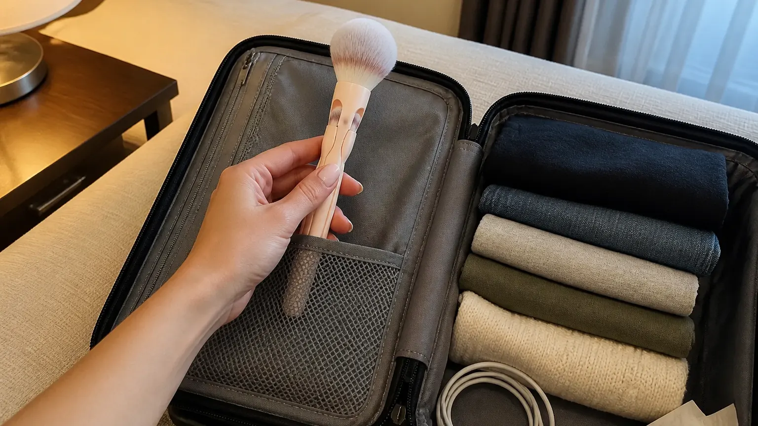 A hand sliding one closed magnetic brush into a packed carry-on pocket