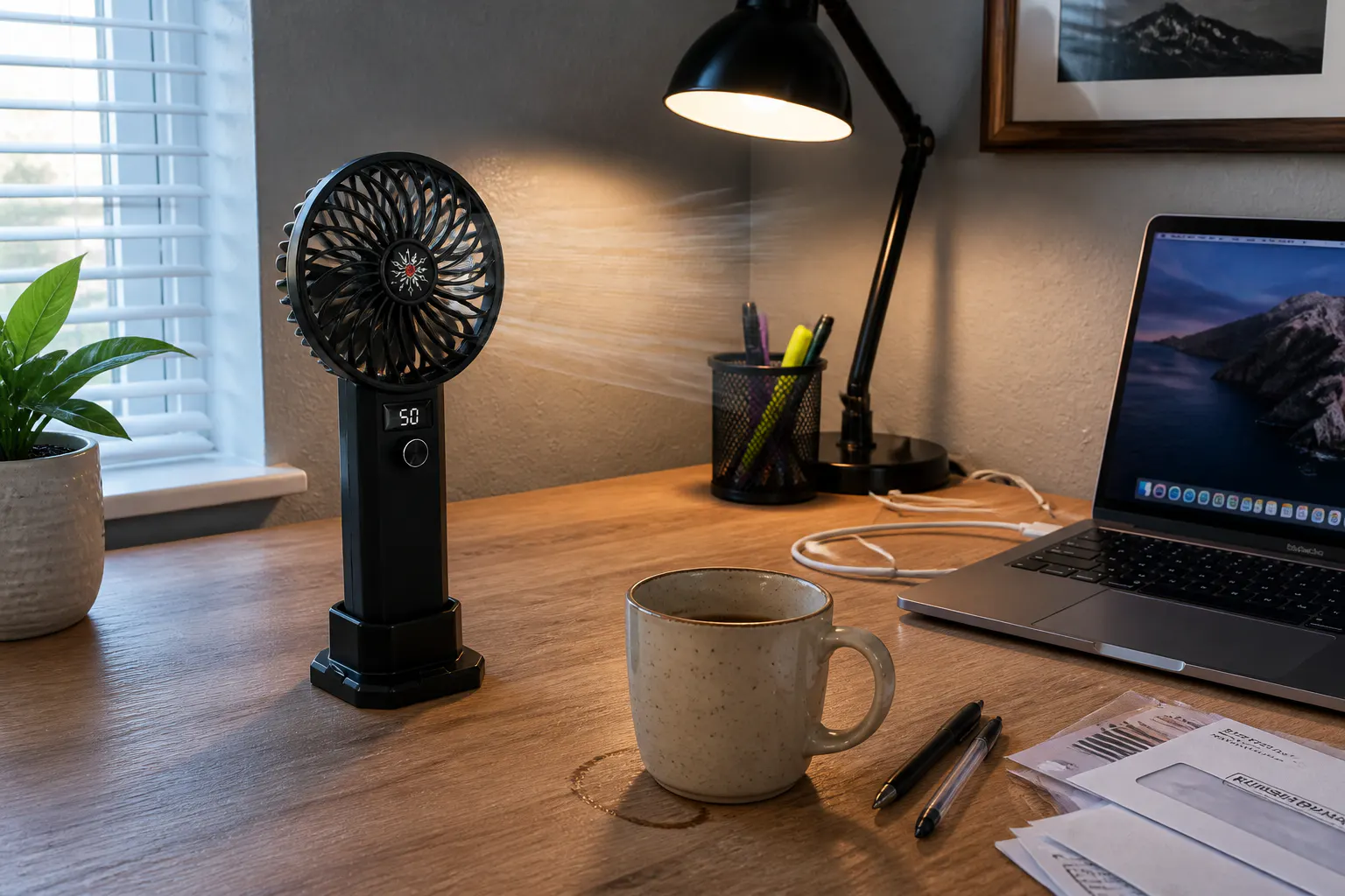 JetBreeze fan standing hands-free on a desk with its removable base