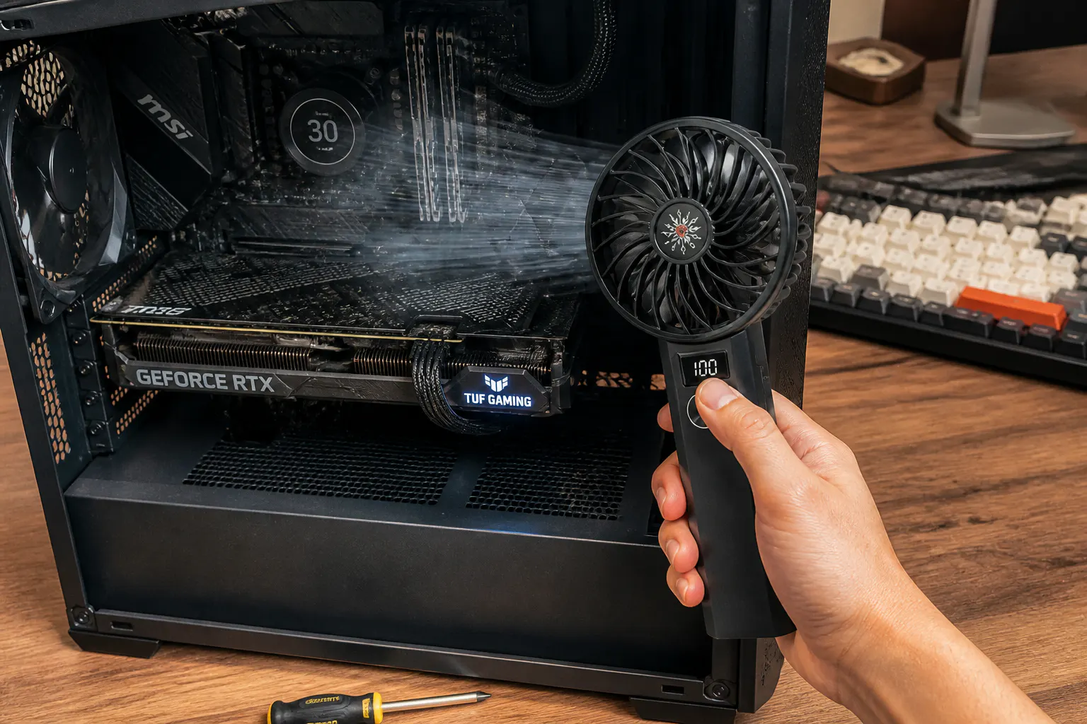 JetBreeze fan on high clearing dust off a keyboard as a mini-blower