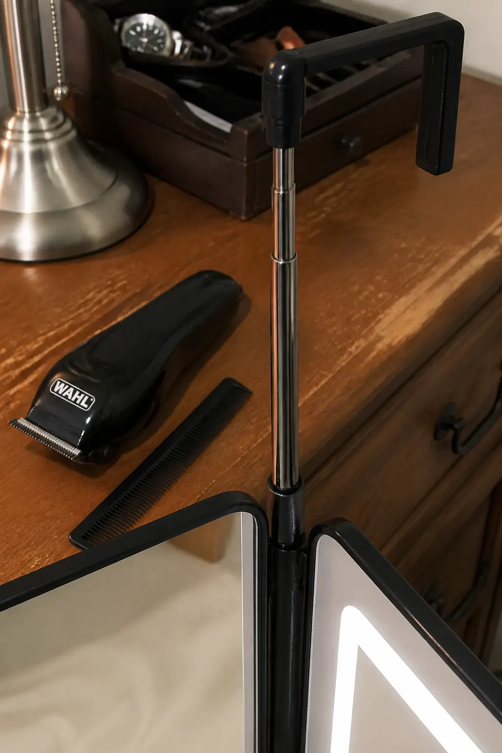 Close-up of the telescoping rod and hinge hardware