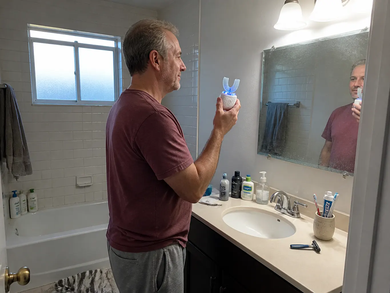 Toothbrush and its dock beside a bathroom sink