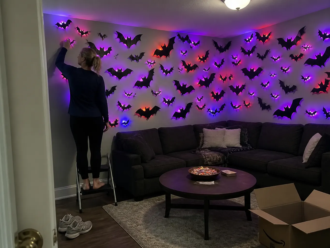 A child pointing at a glowing bat above a doorway