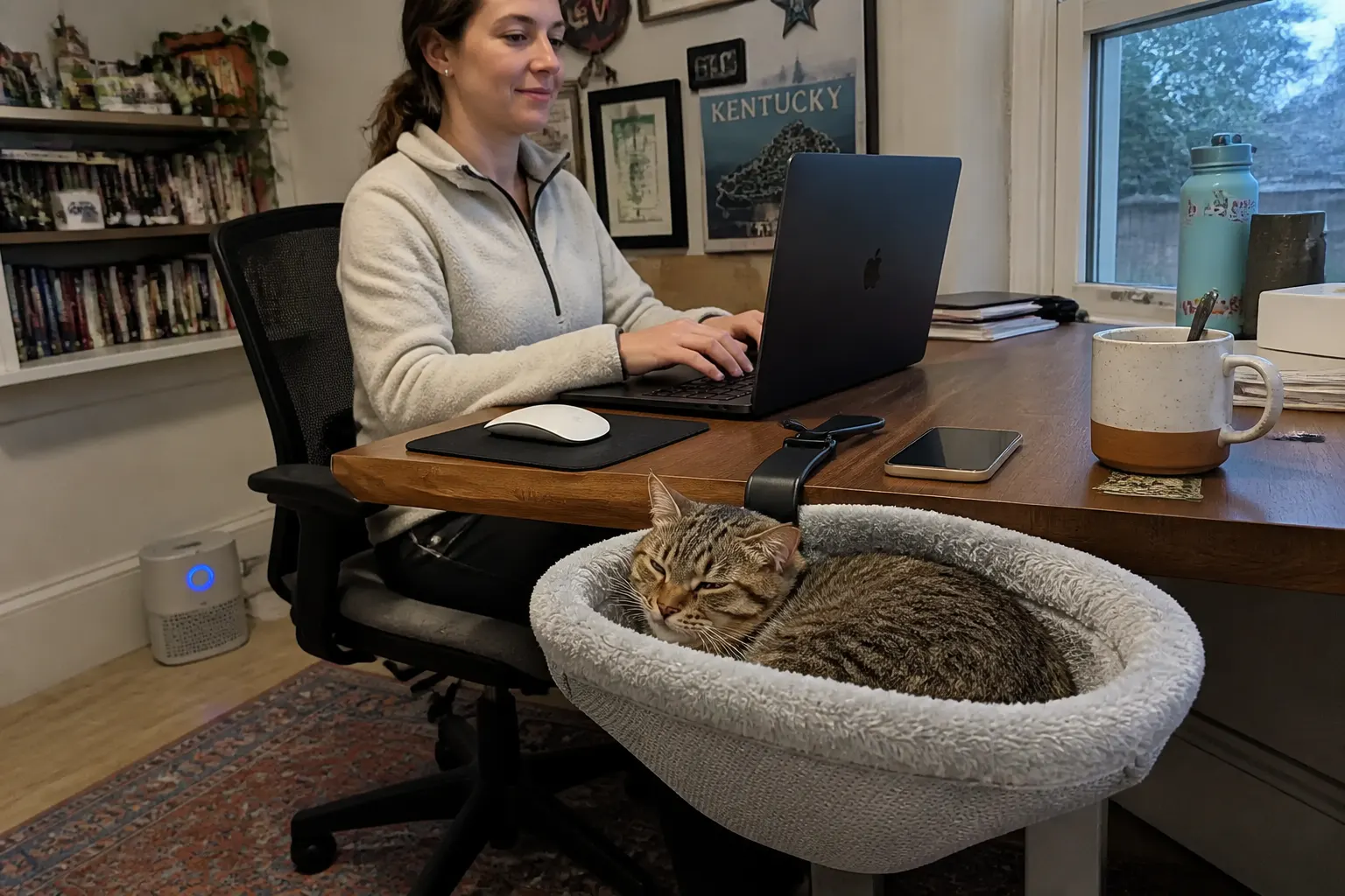 Cat resting in her DeskNest at the desk edge while the owner works