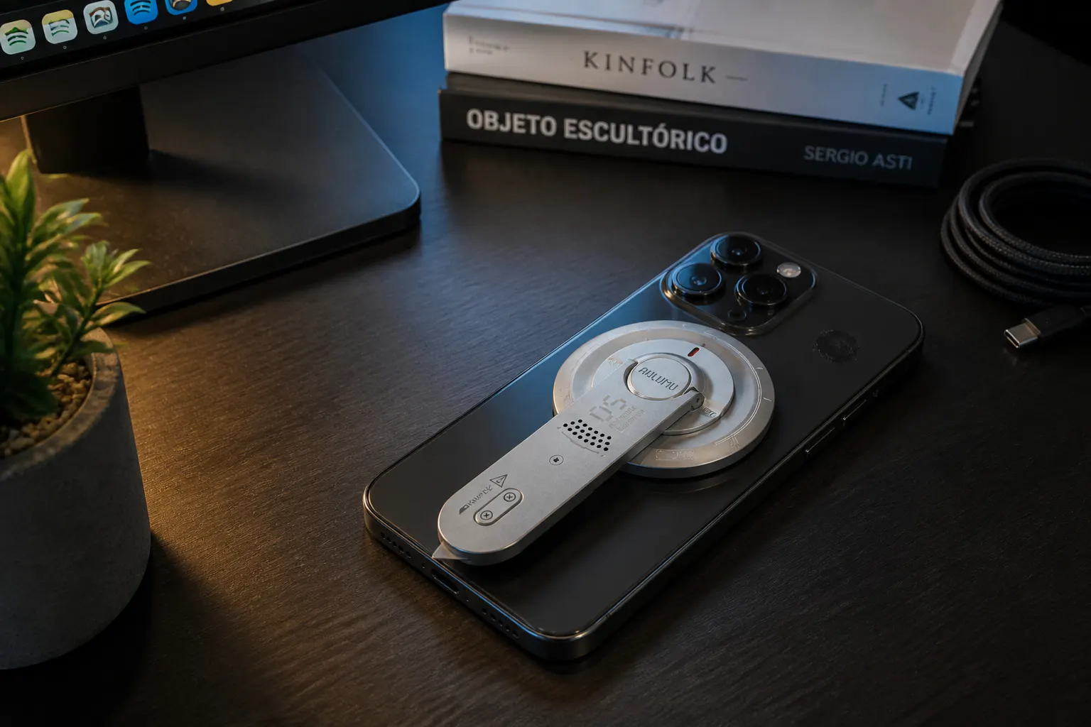 AeroStand aviation-aluminum disc resting on a dark urban-tech desk