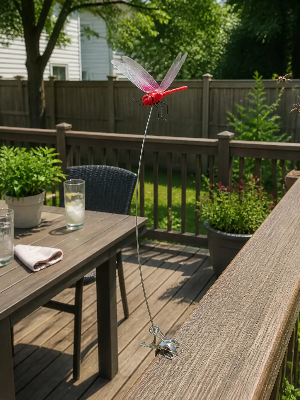 Blue DragonClip dragonfly clipped to a sunlit deck rail