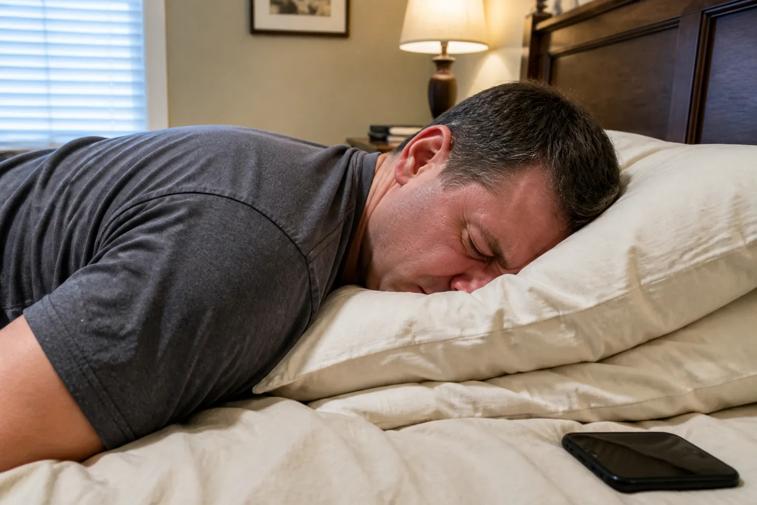 Person on a bed with head cranked sideways, face smushed into a stacked pillow
