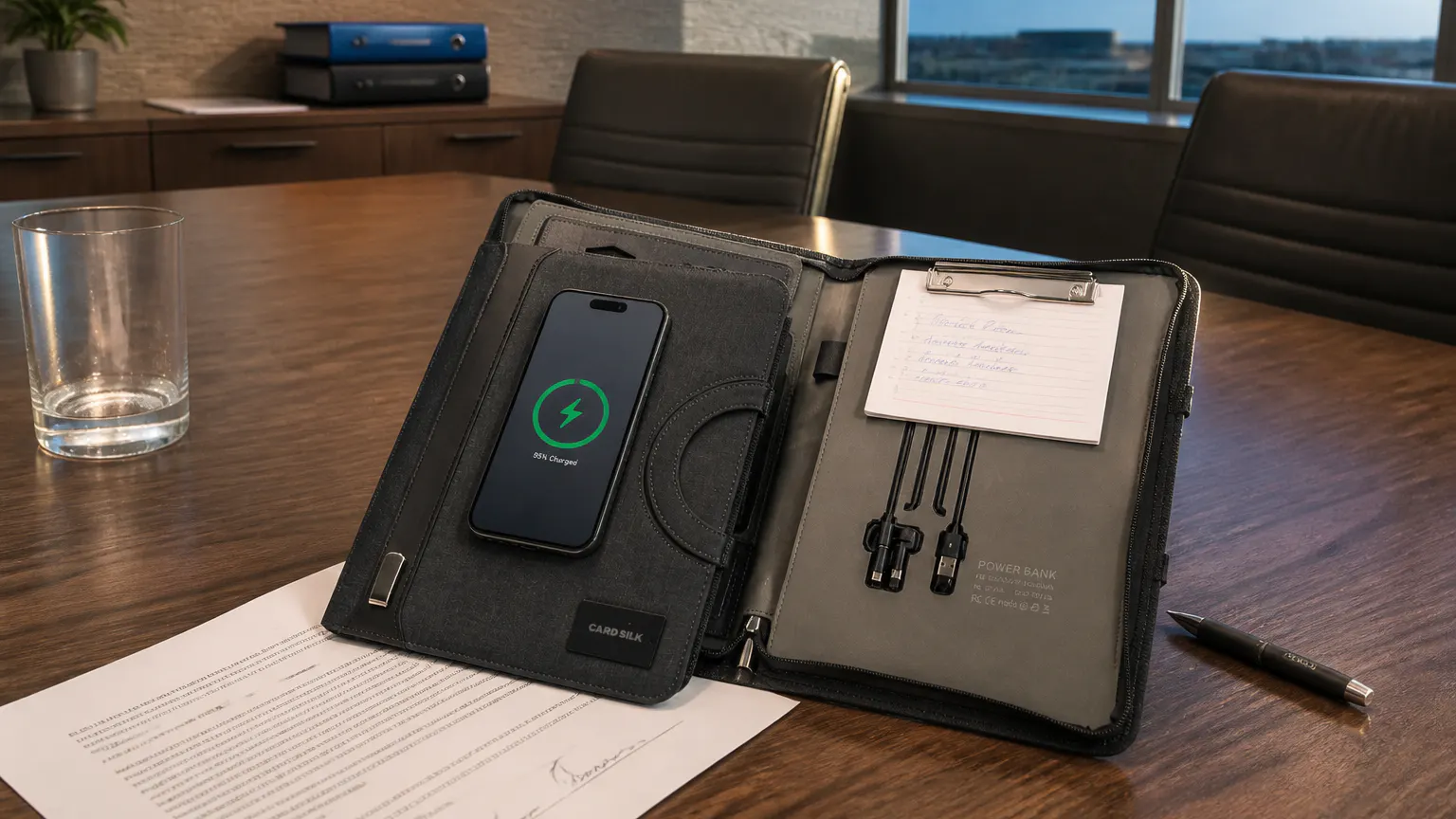 The same meeting table from the hero, case open, notes written and the phone charged