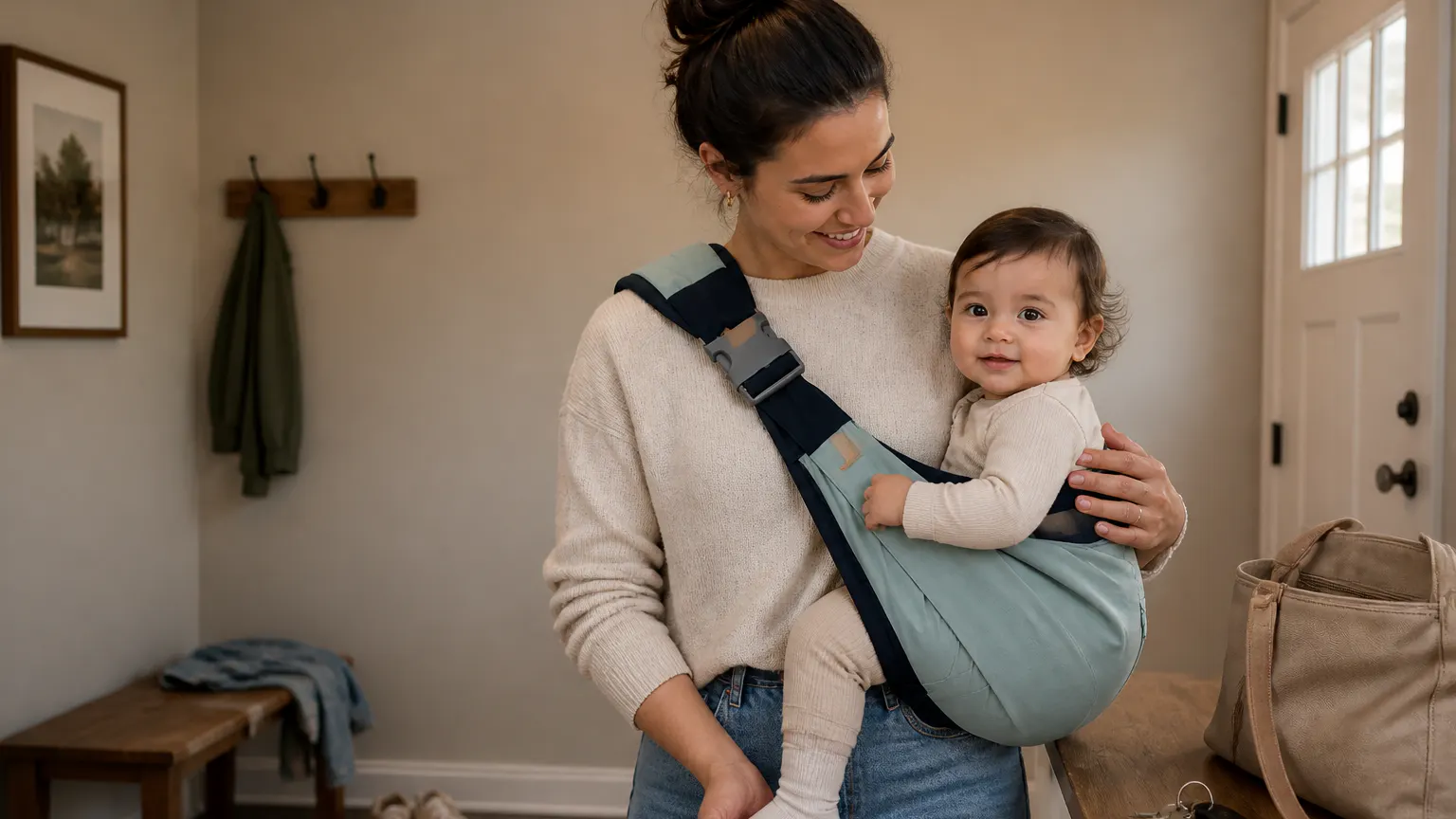 A parent walking with their toddler seated secure in the TotLift hip carrier