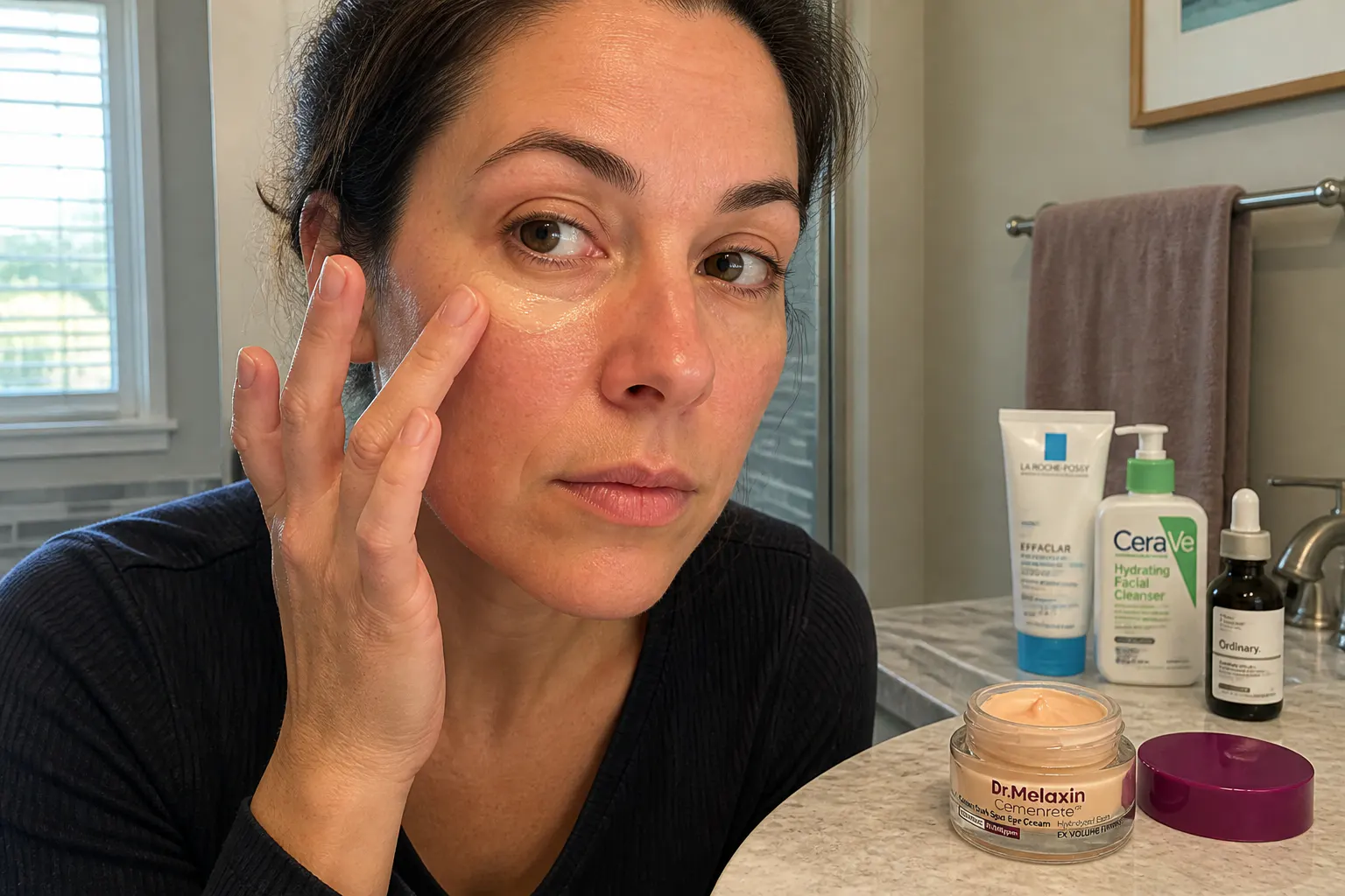 Peach cream color-correcting a dark circle on contact