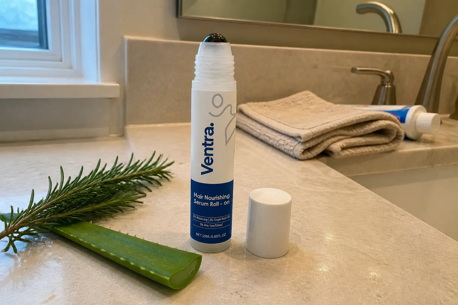 Fresh rosemary beside the scalp serum roll-on