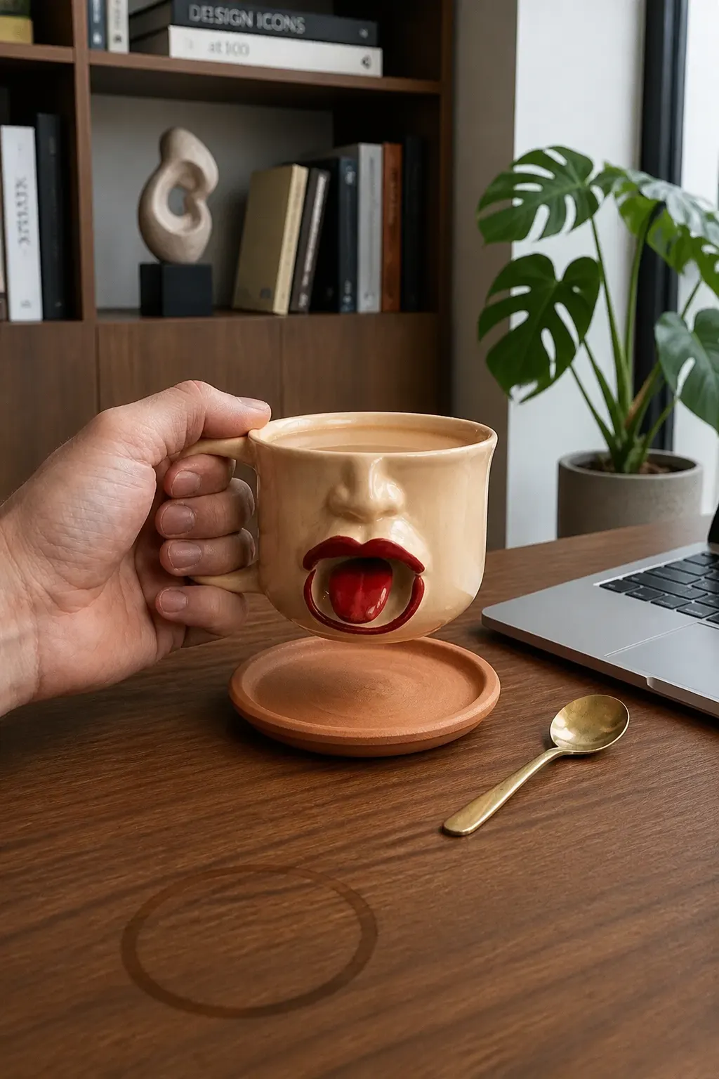Sculpted face mug styled on a curated shelf