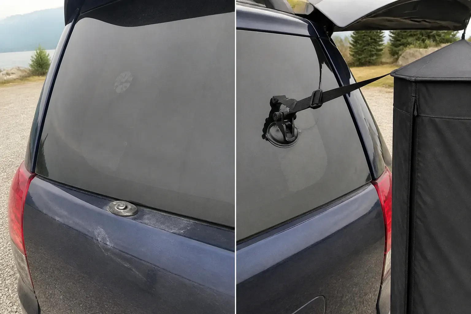 Soft suction-cup strap pressed to car glass with zero paint contact