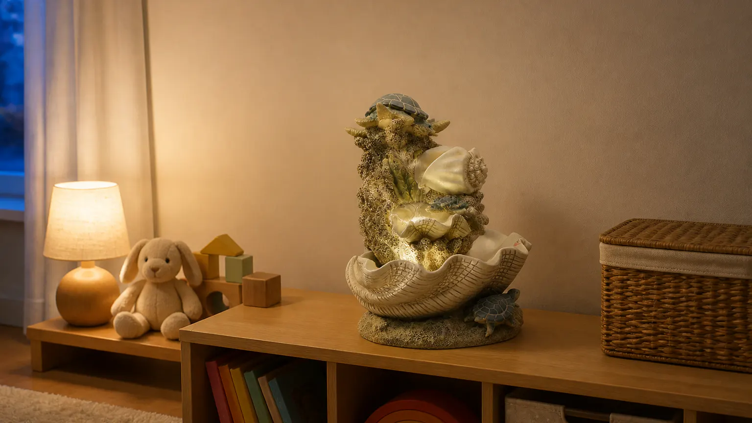 A calm playroom with the turtle shell fountain cascading gently