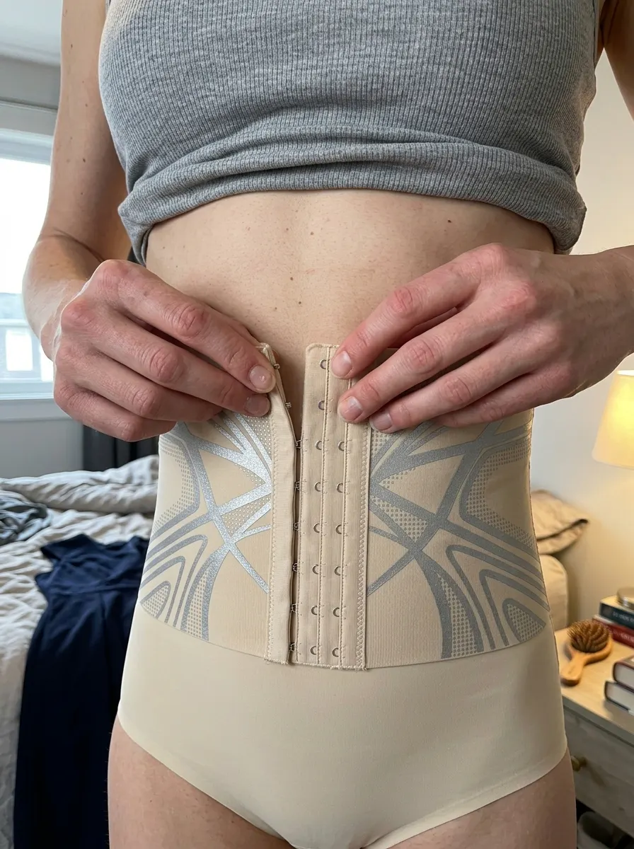 Close-up of a hand fastening the vertical hook-and-eye column on the Ventra shaping brief