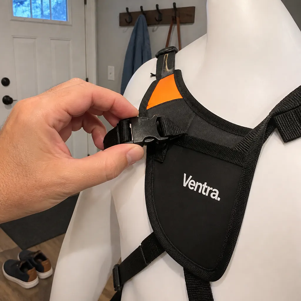Close-up of the child safety harness clip securing the child