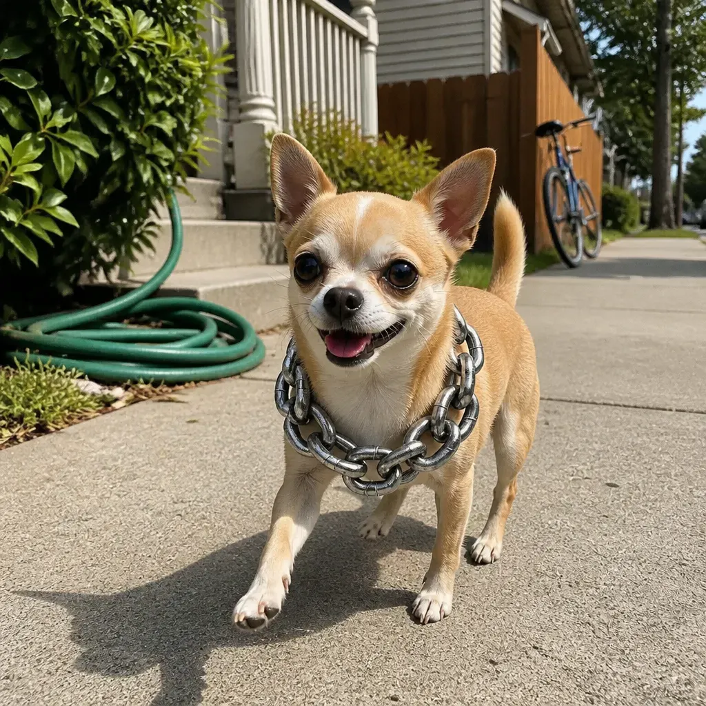 Tiny dog wearing the faux-chain leash