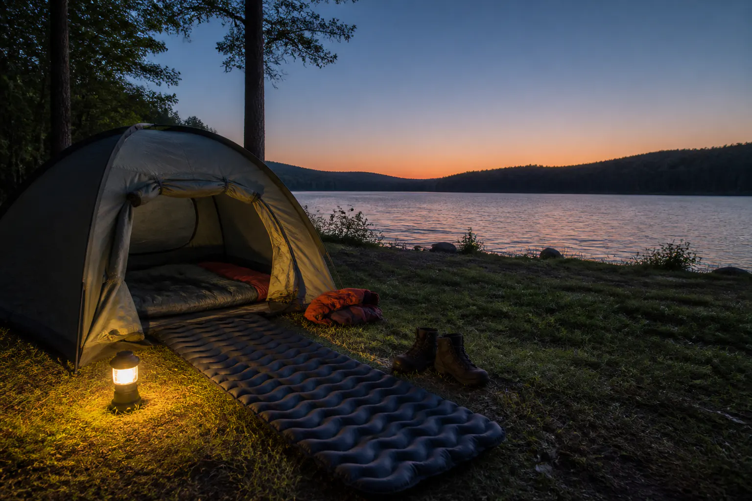 Dusk campsite with the bed set up and the camper settling in