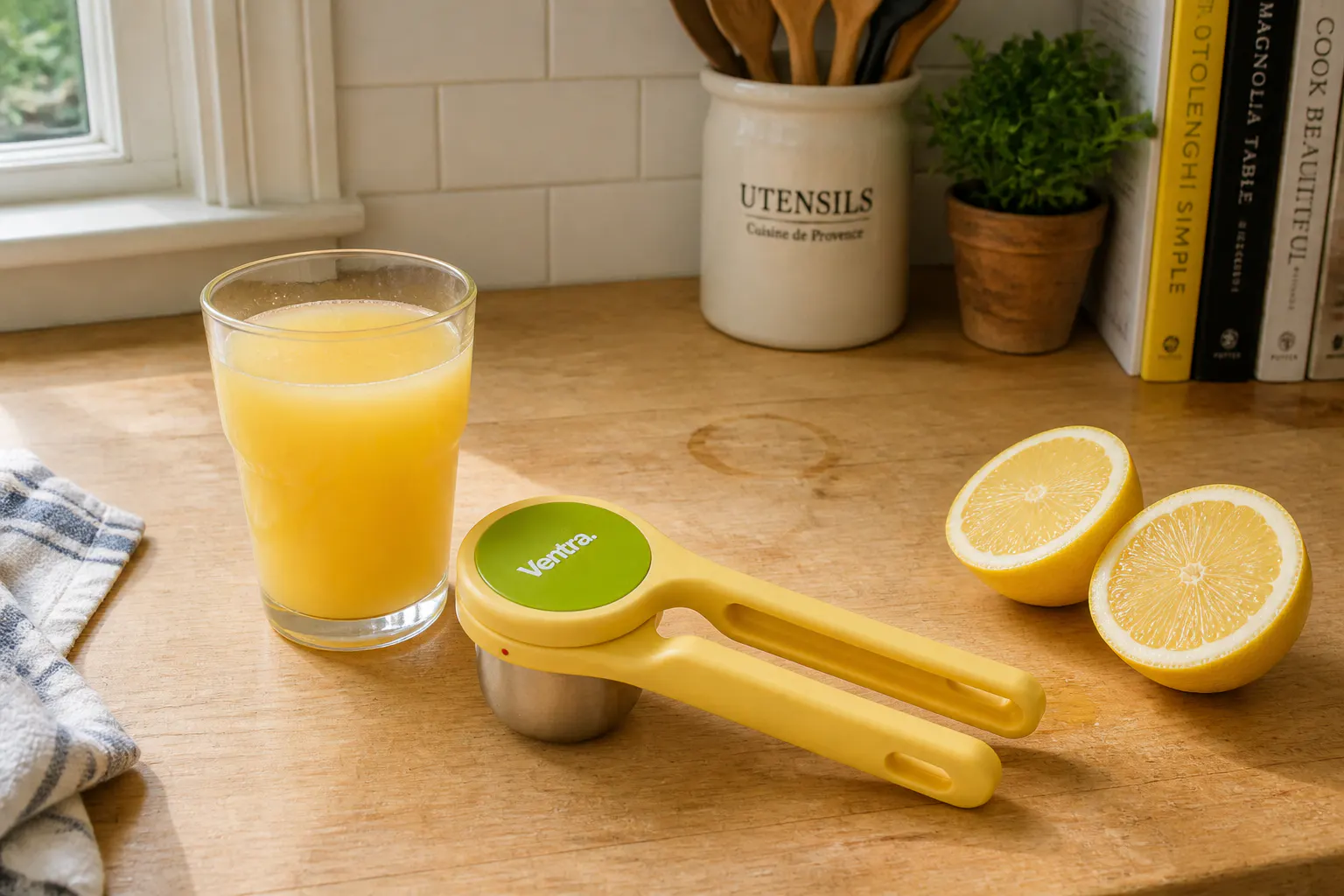 A full glass of bright fresh juice with the clean Ventra press beside it on the counter