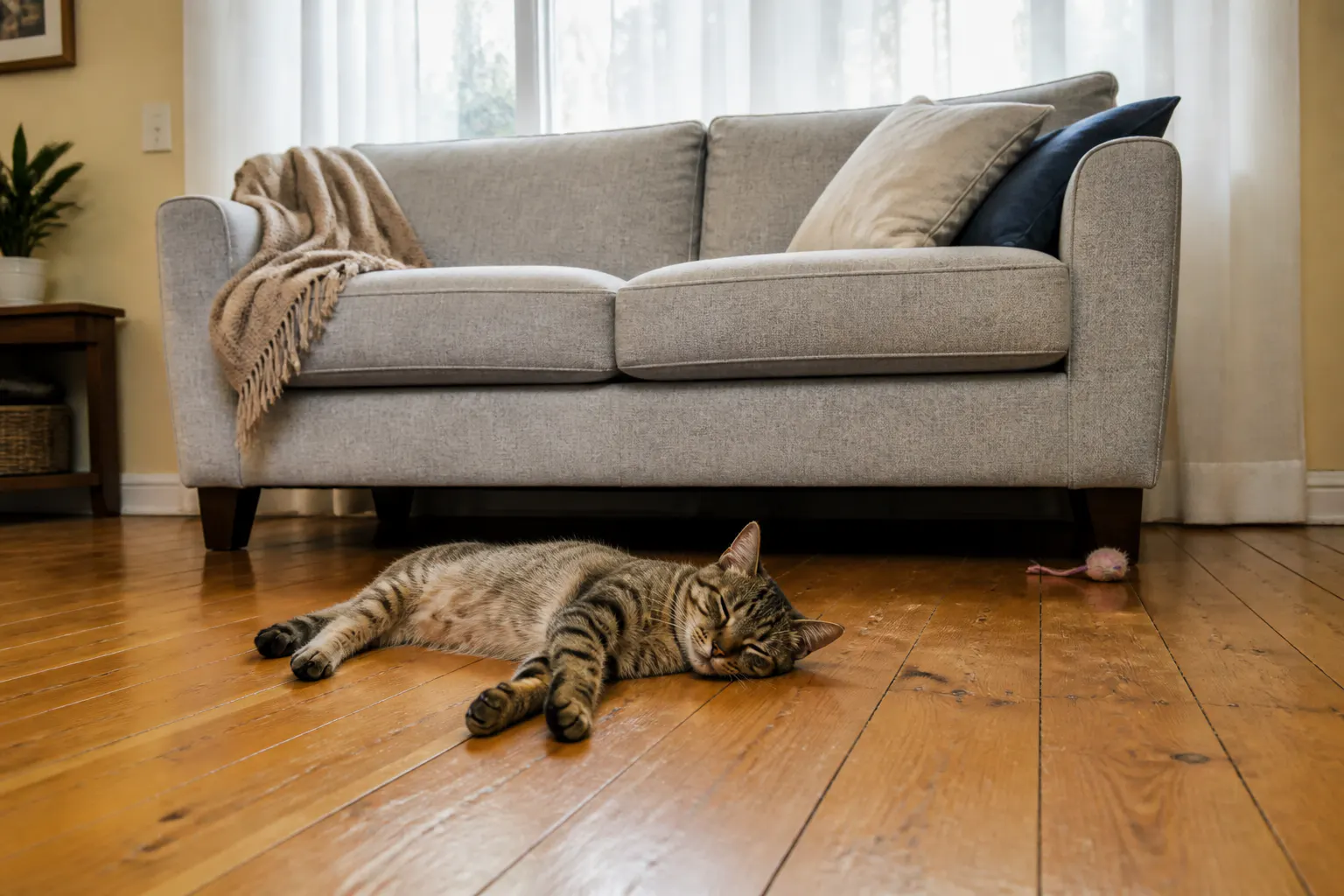 The same living room, now with the cat curled up calm and tired after chasing