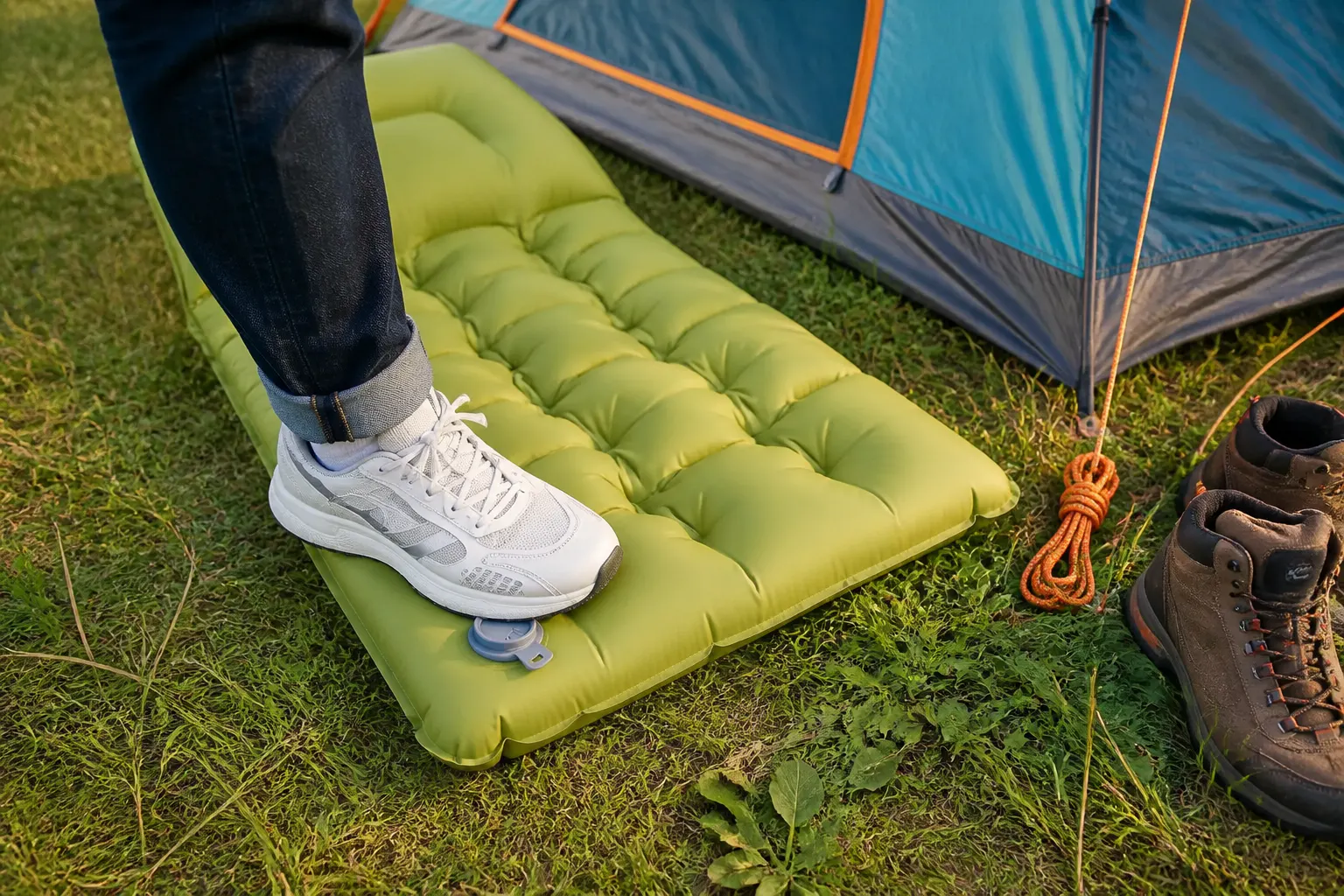 Close-up of the built-in foam foot pump on the camping pad