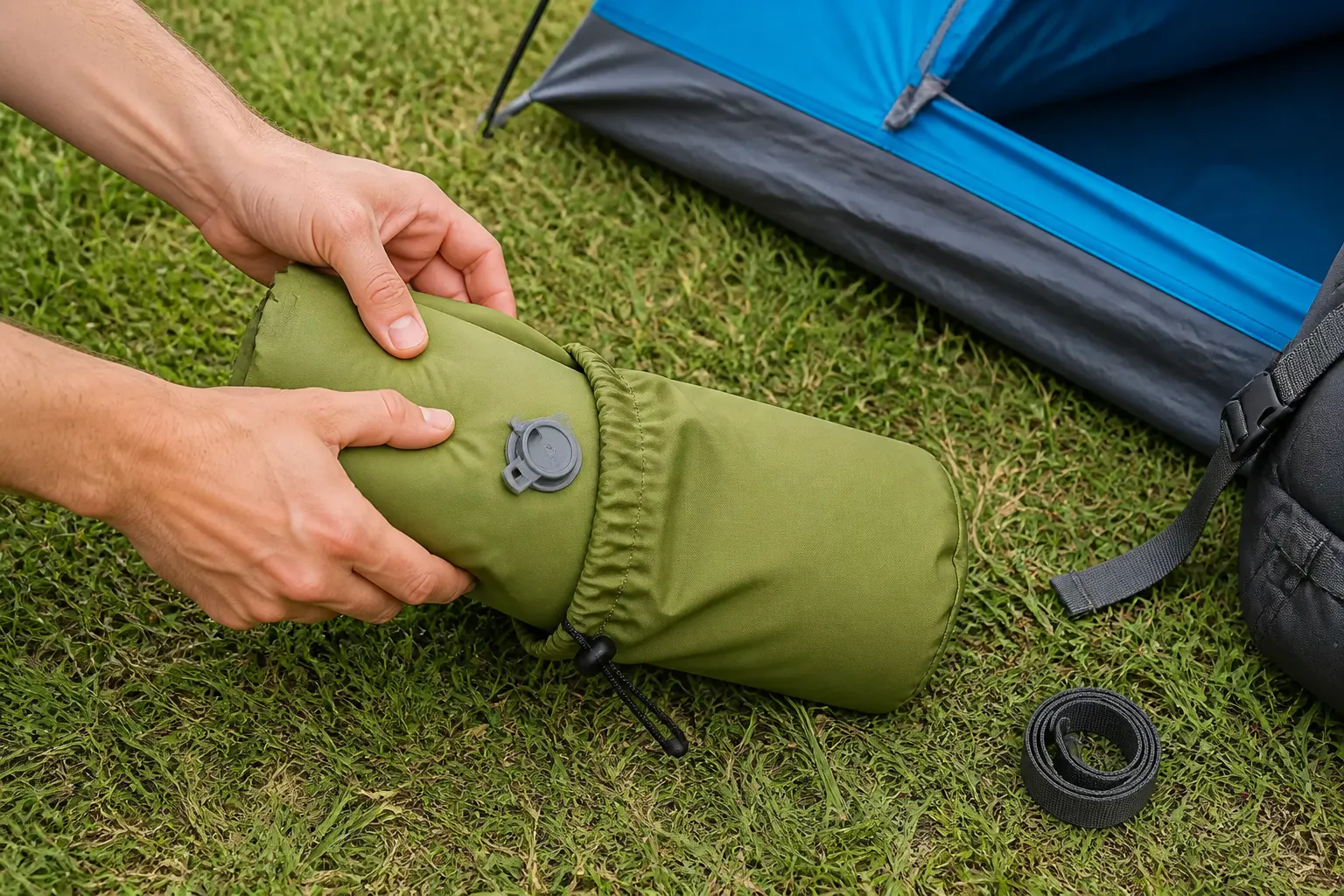Pad rolled into its cinch bag held in one hand