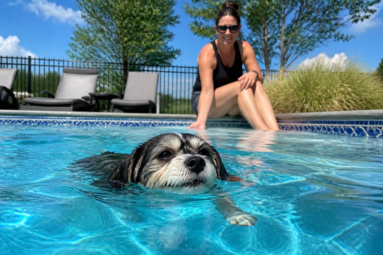 Dog floating head-up while relaxed owner watches from the boat