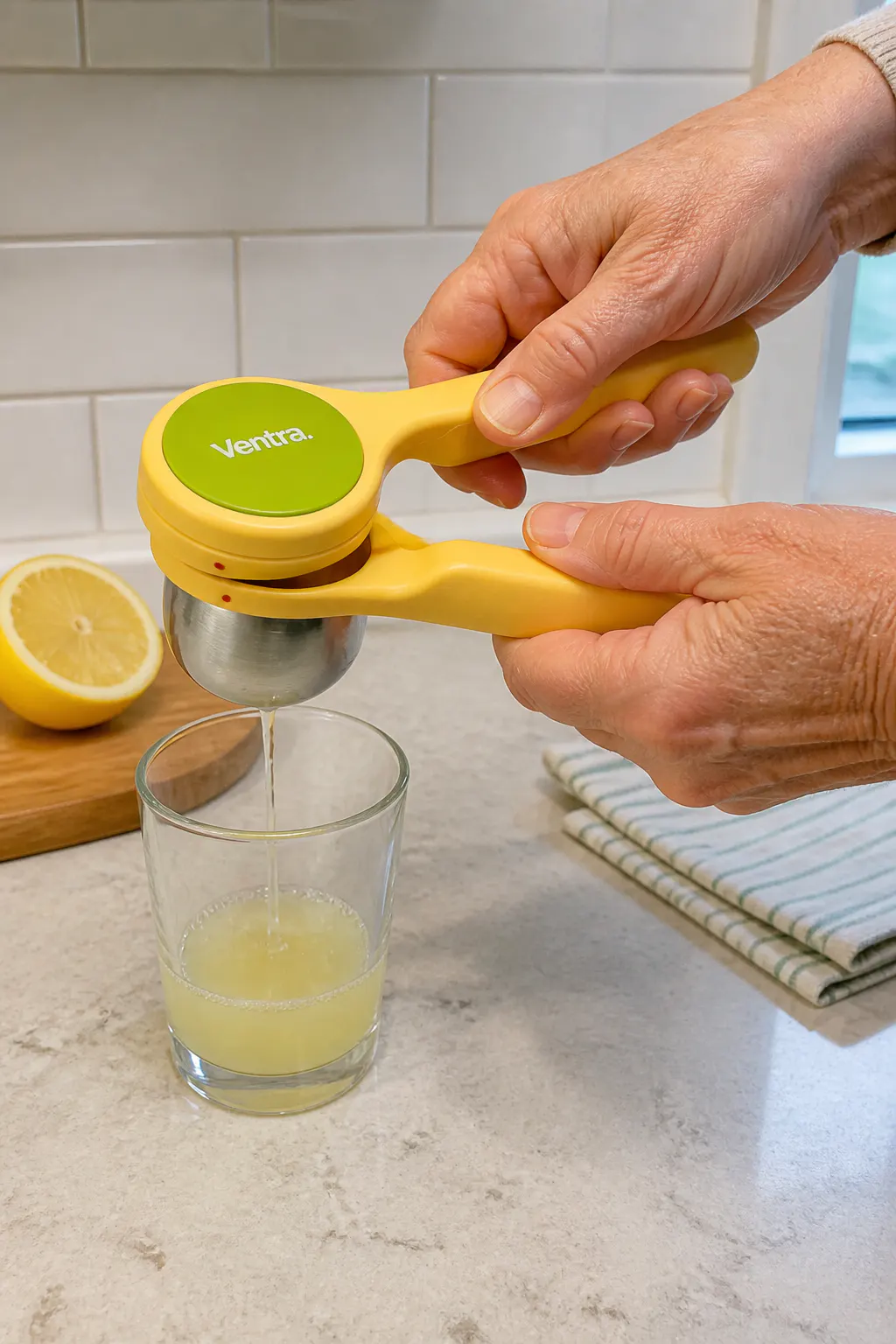 Relaxed older hands easily twisting the Ventra press