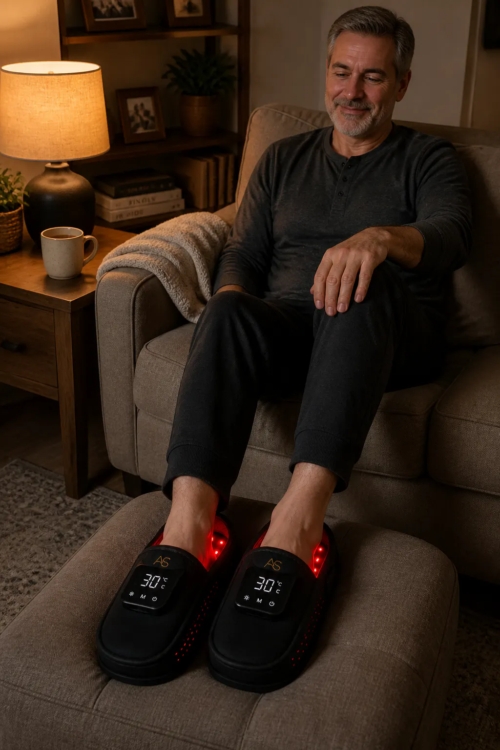 Red light therapy slippers glowing on resting feet