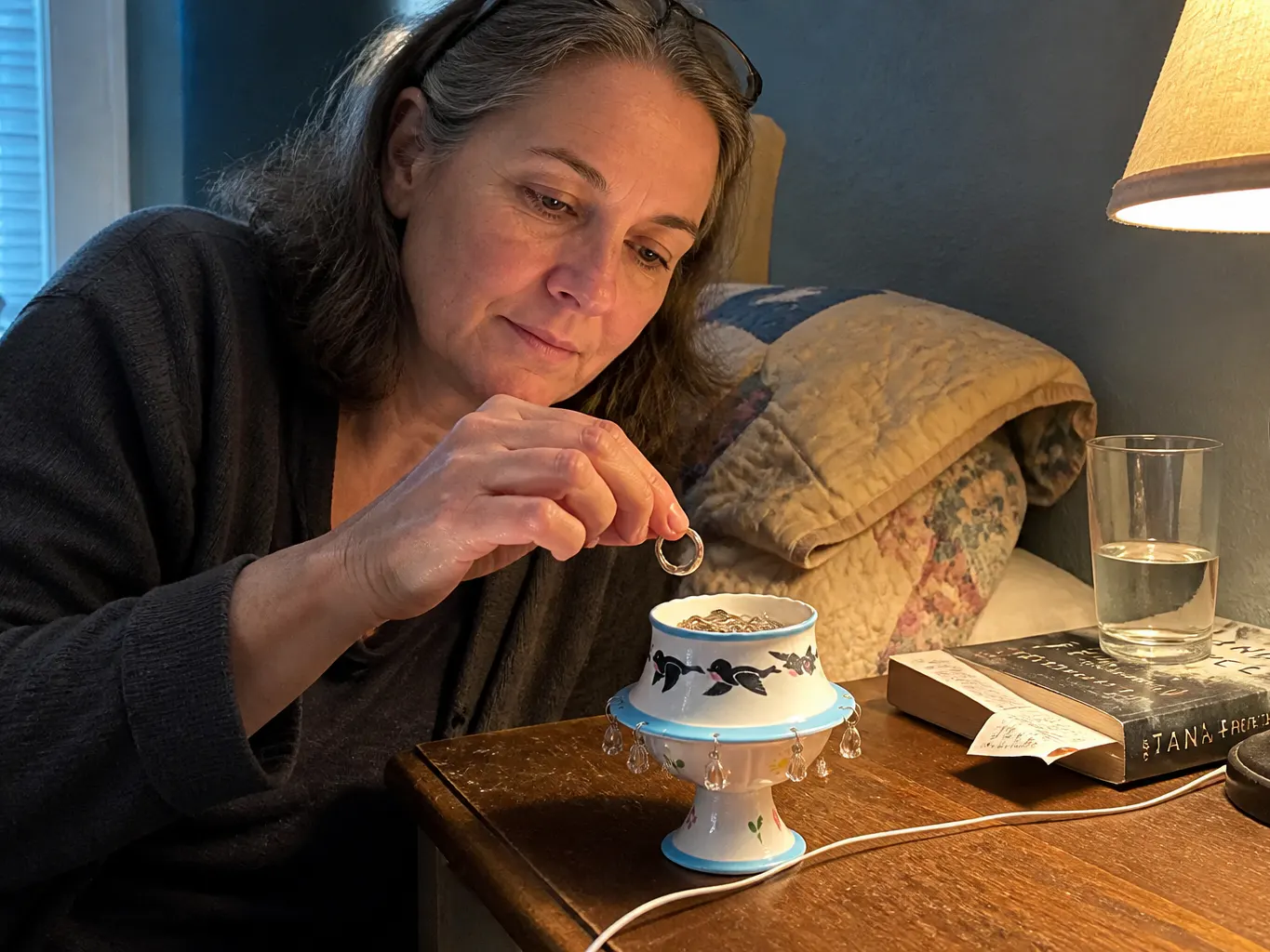 Rings and a thin chain resting in the pedestal bowl on a nightstand