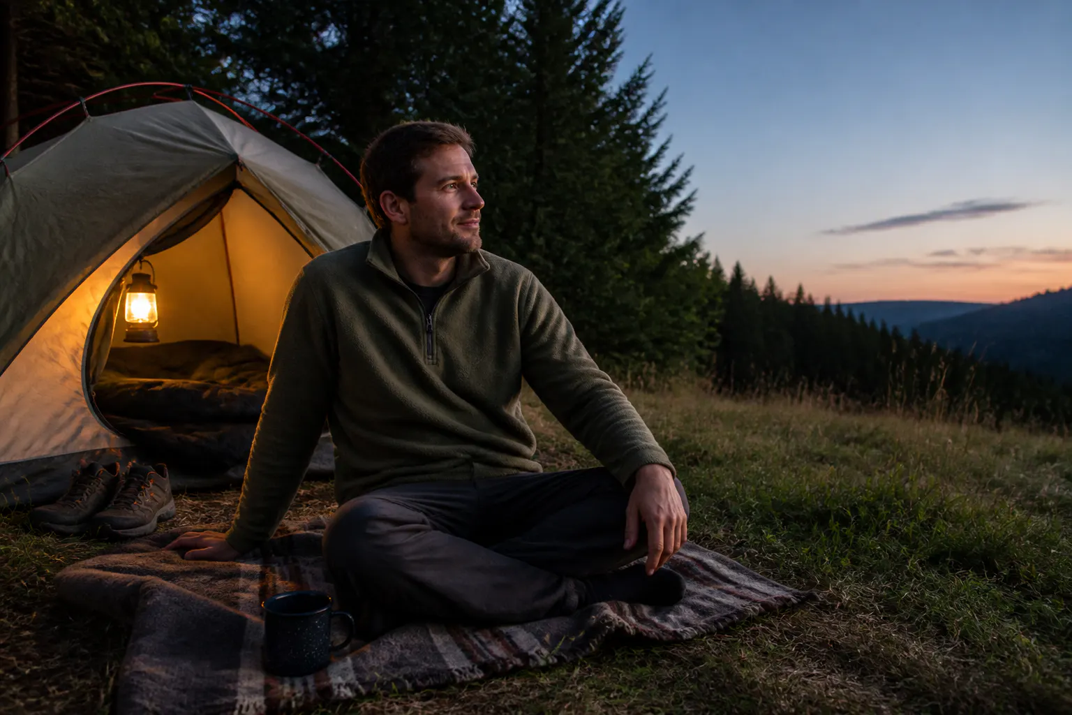 Adult camper settling into a finished bed at a dusk campsite with tents