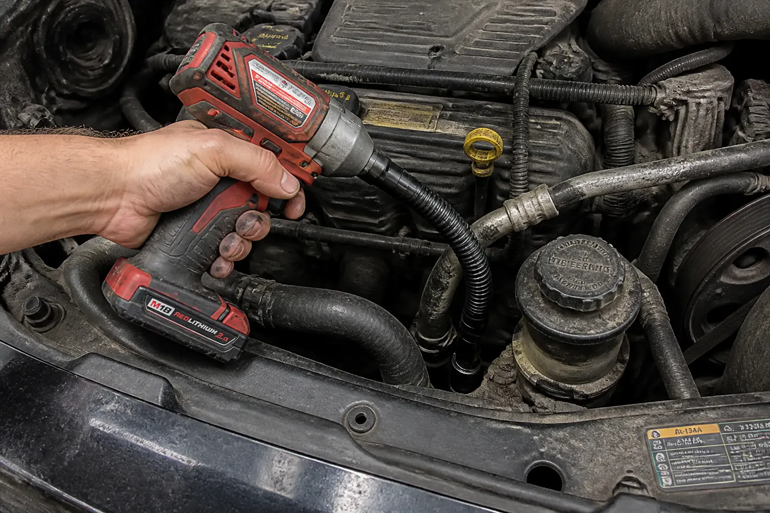 Flexible shaft bending into a tight engine-bay gap to reach a bolt