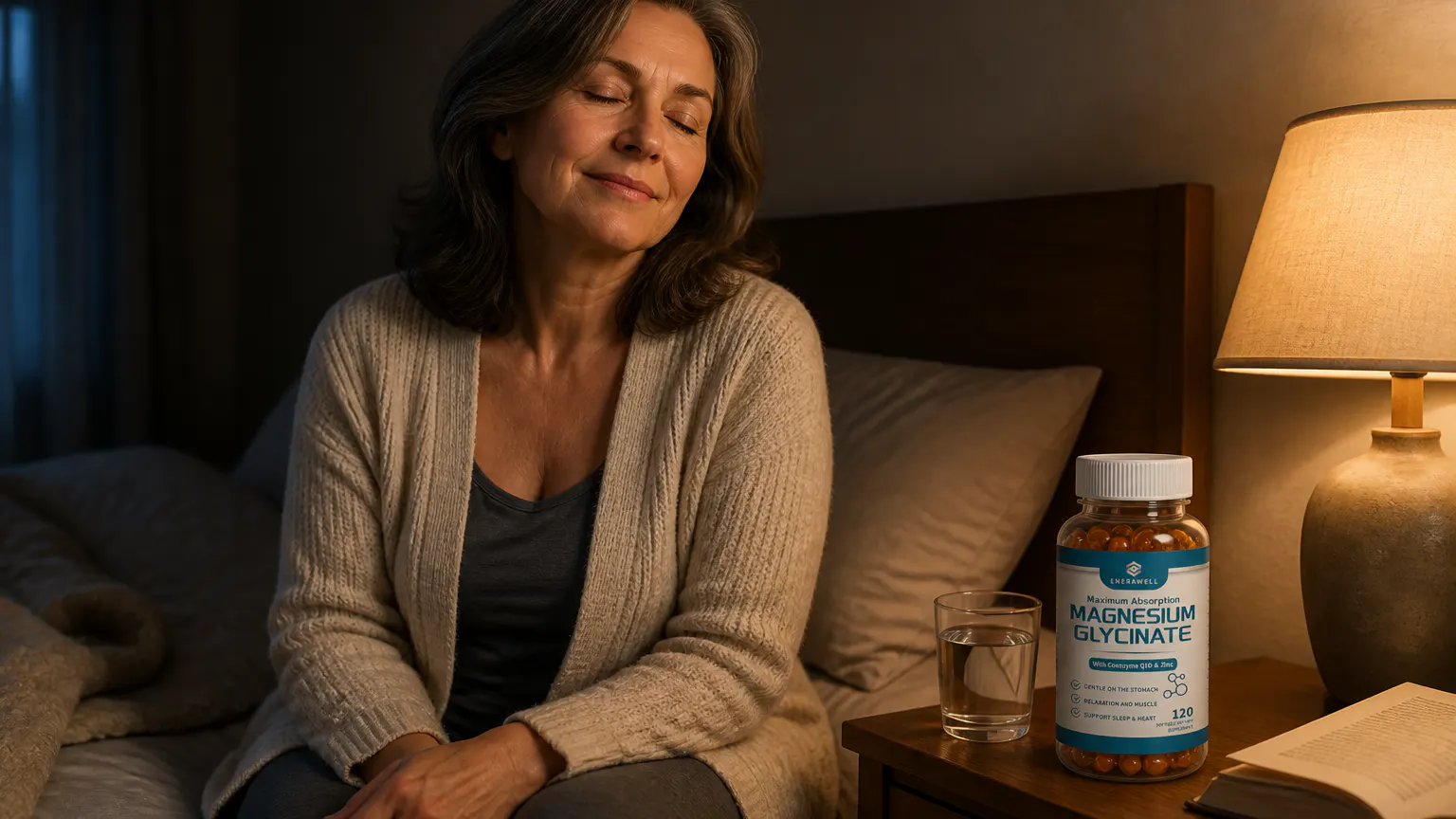 A woman winding down for bed, her CalmCore bottle on the nightstand