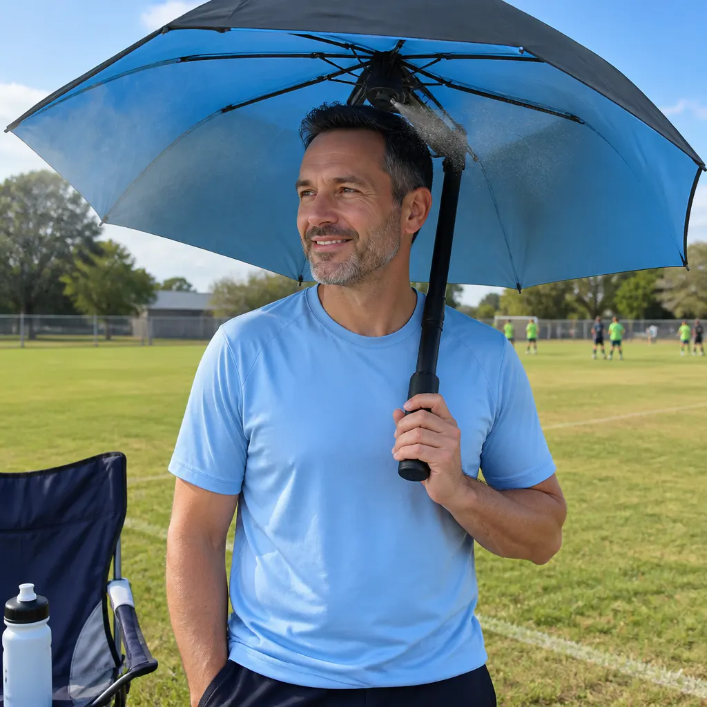Same parent cooled under the open fan-mist umbrella