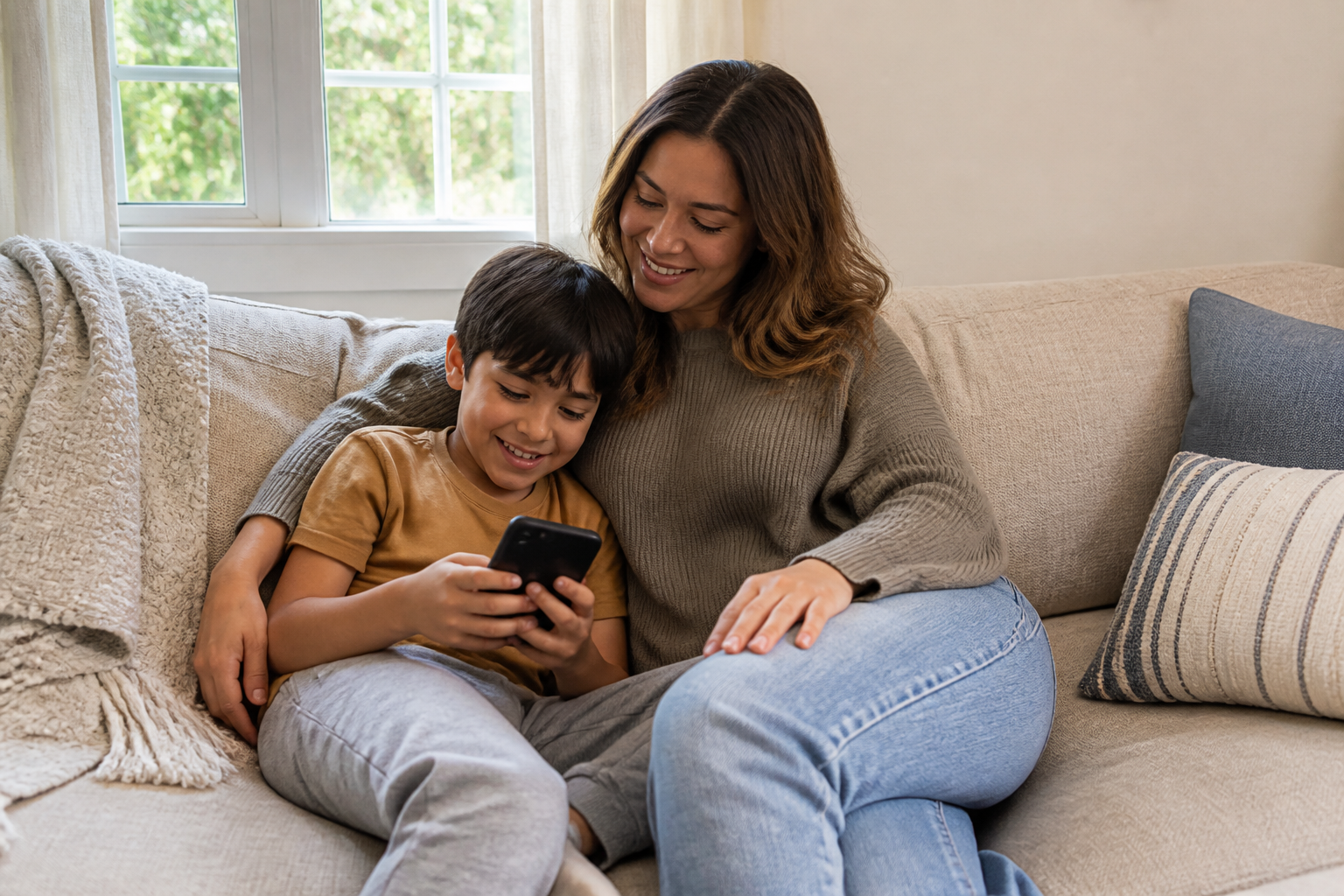 Calm family at home with protected devices