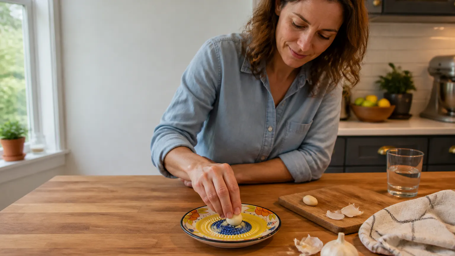 The hand-painted grating dish in daily use on a warm, lived-in kitchen counter