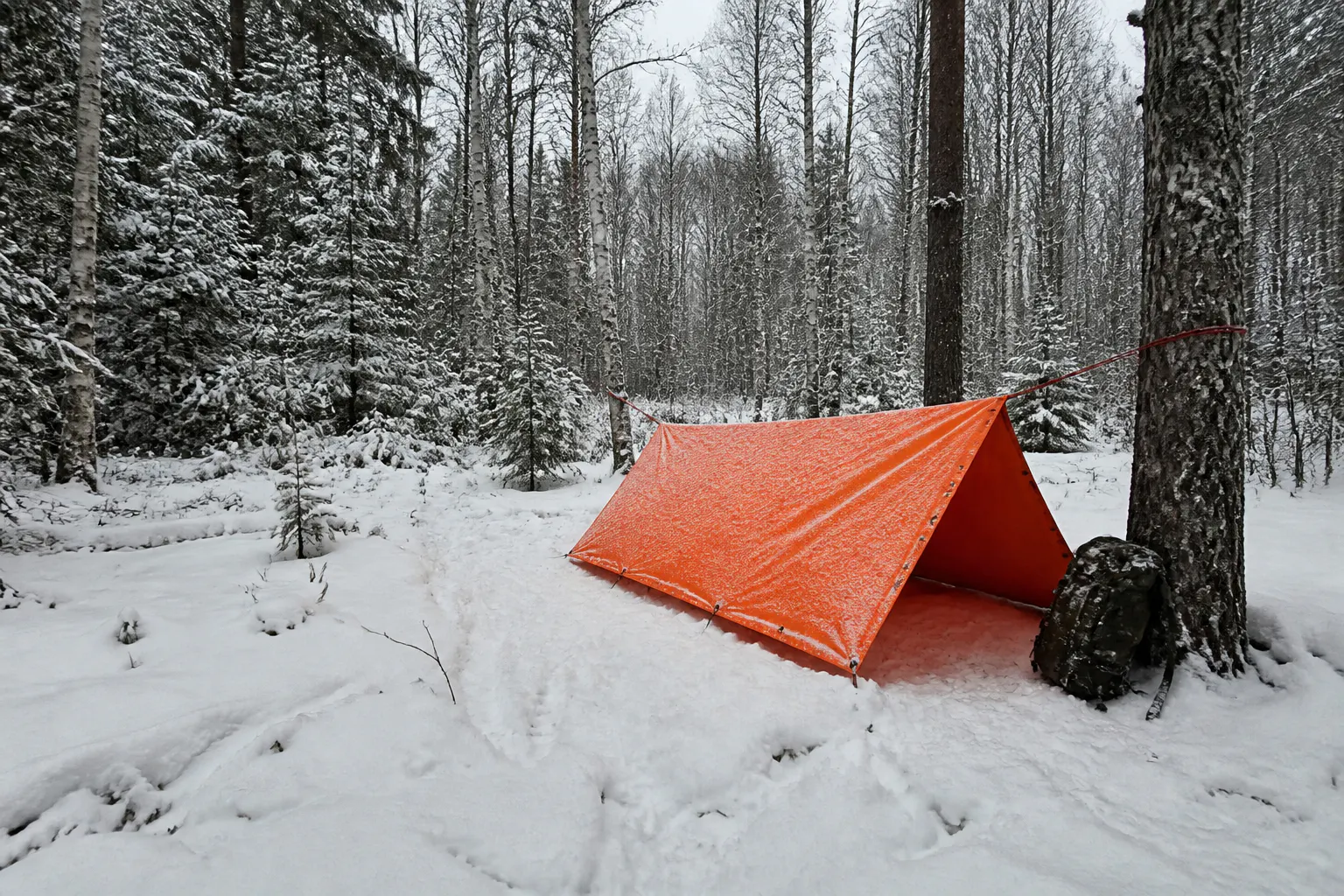 The orange shelter pitched on the storm night, two people warm and dry inside