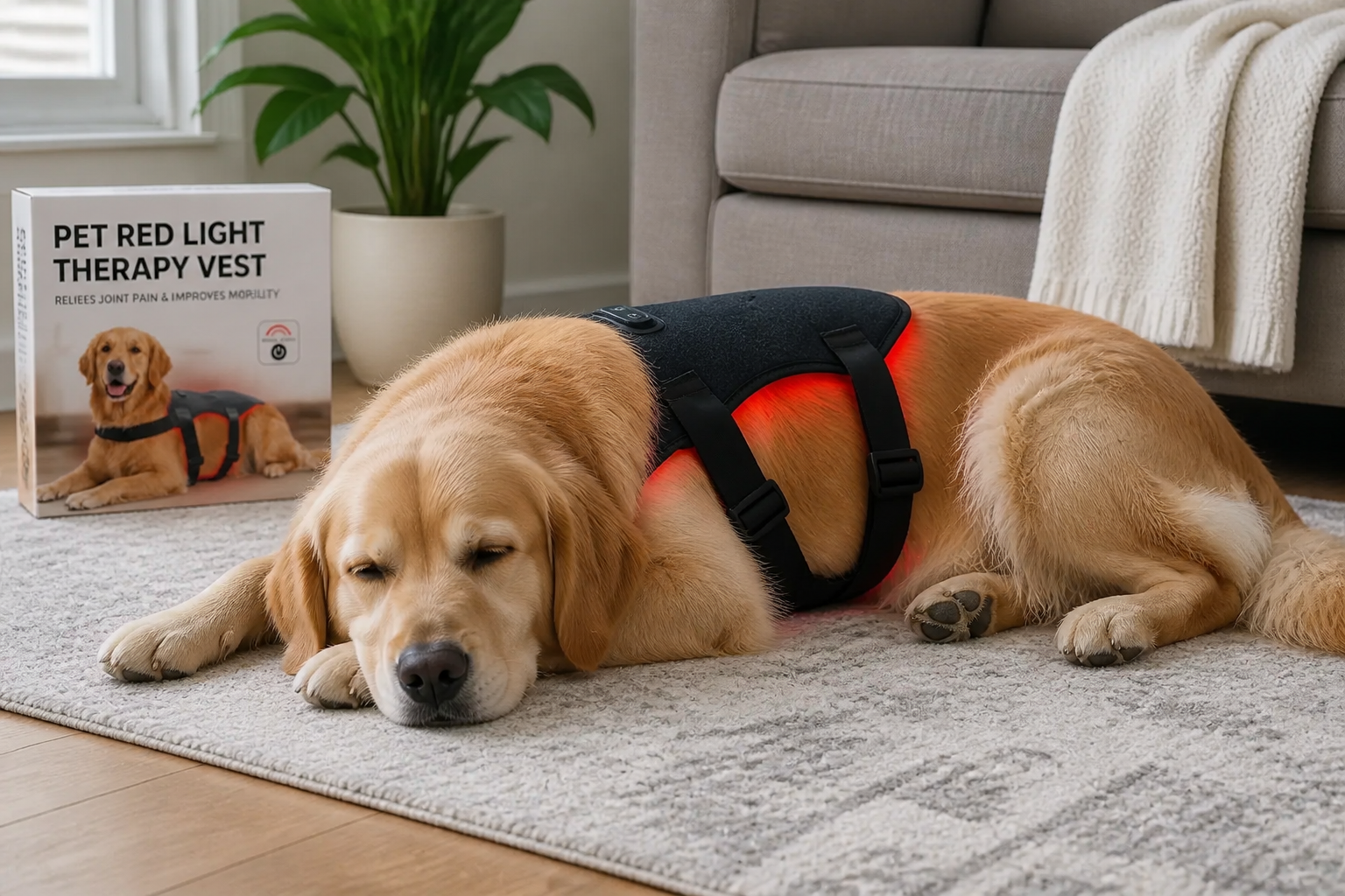 A dog resting peacefully in the Ventra vest, eyes soft and calm