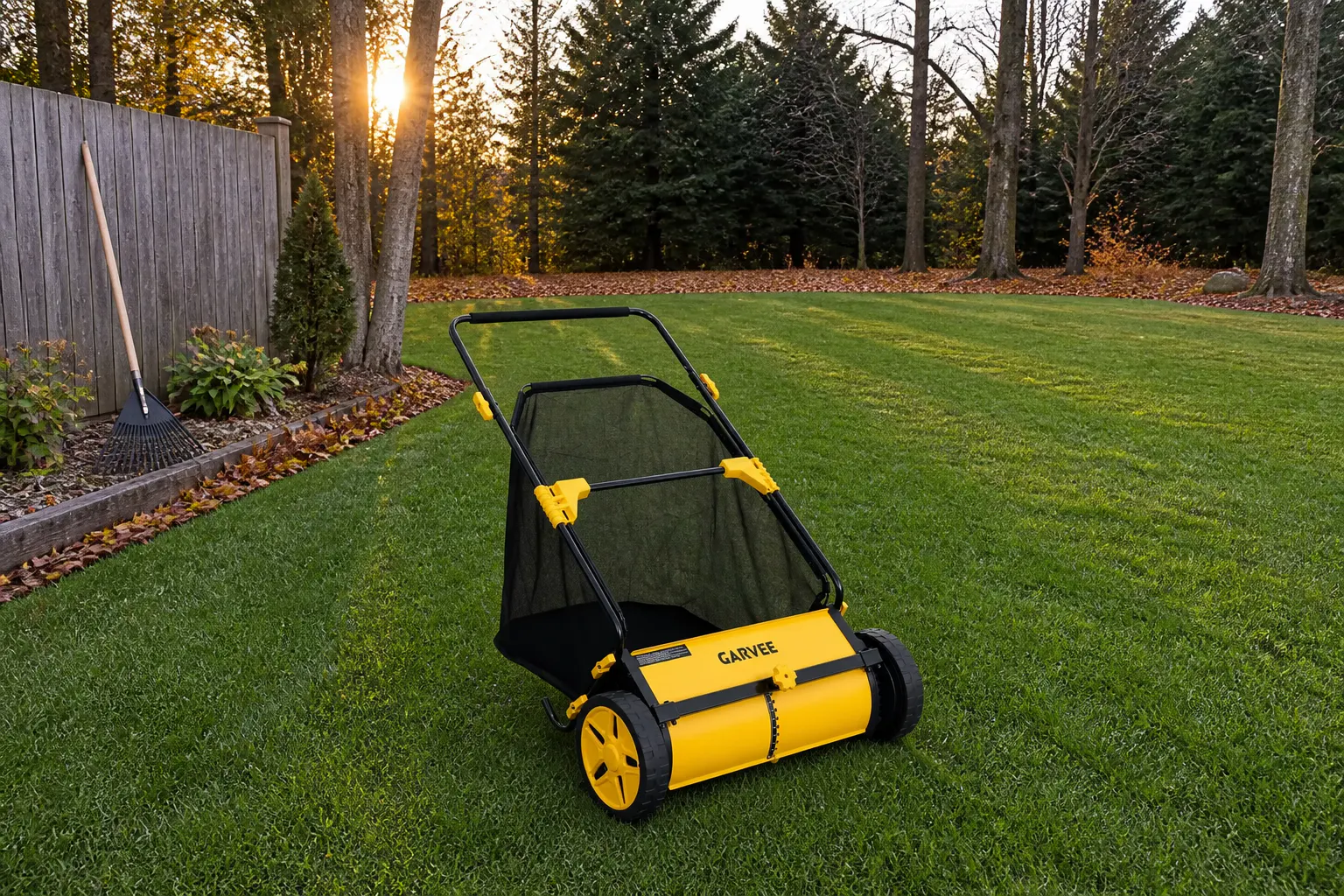 Freshly cleared lawn with the push sweeper resting in golden late-day light