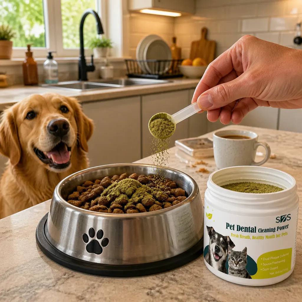 Green dental powder being sprinkled over a full pet food bowl