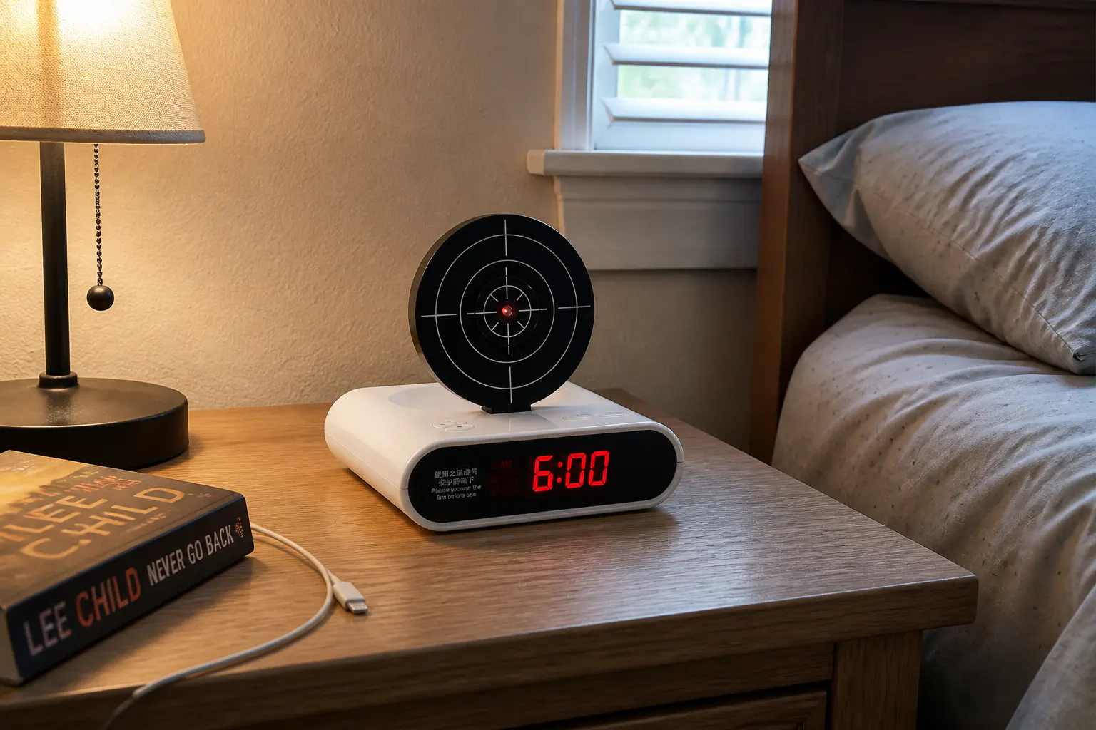 The alarm firing at dawn with the bullseye popped up