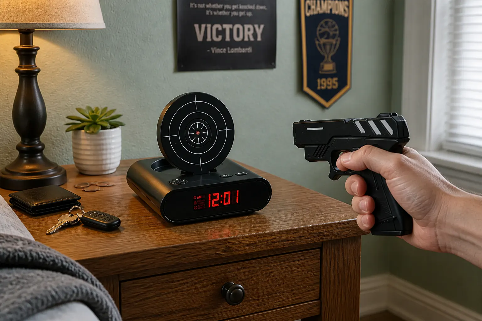 A person sitting up in bed aiming the infrared gun at the clock