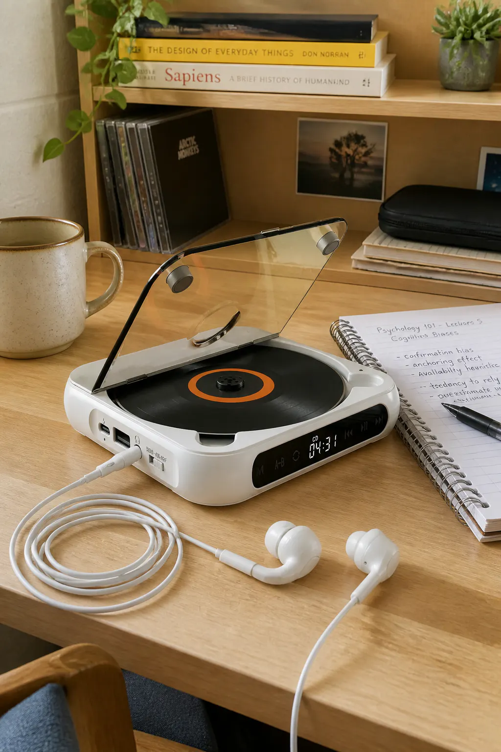 Ventra portable CD player playing unplugged, clear lid open with disc spinning