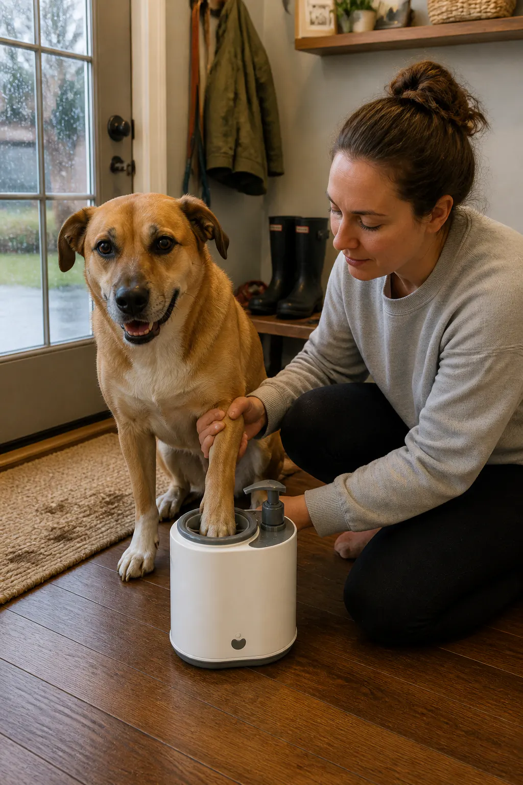 A large dog placing its paw into the PawWash cup