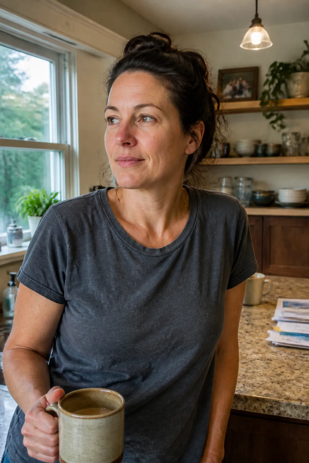 A woman feeling calm and content in warm morning light
