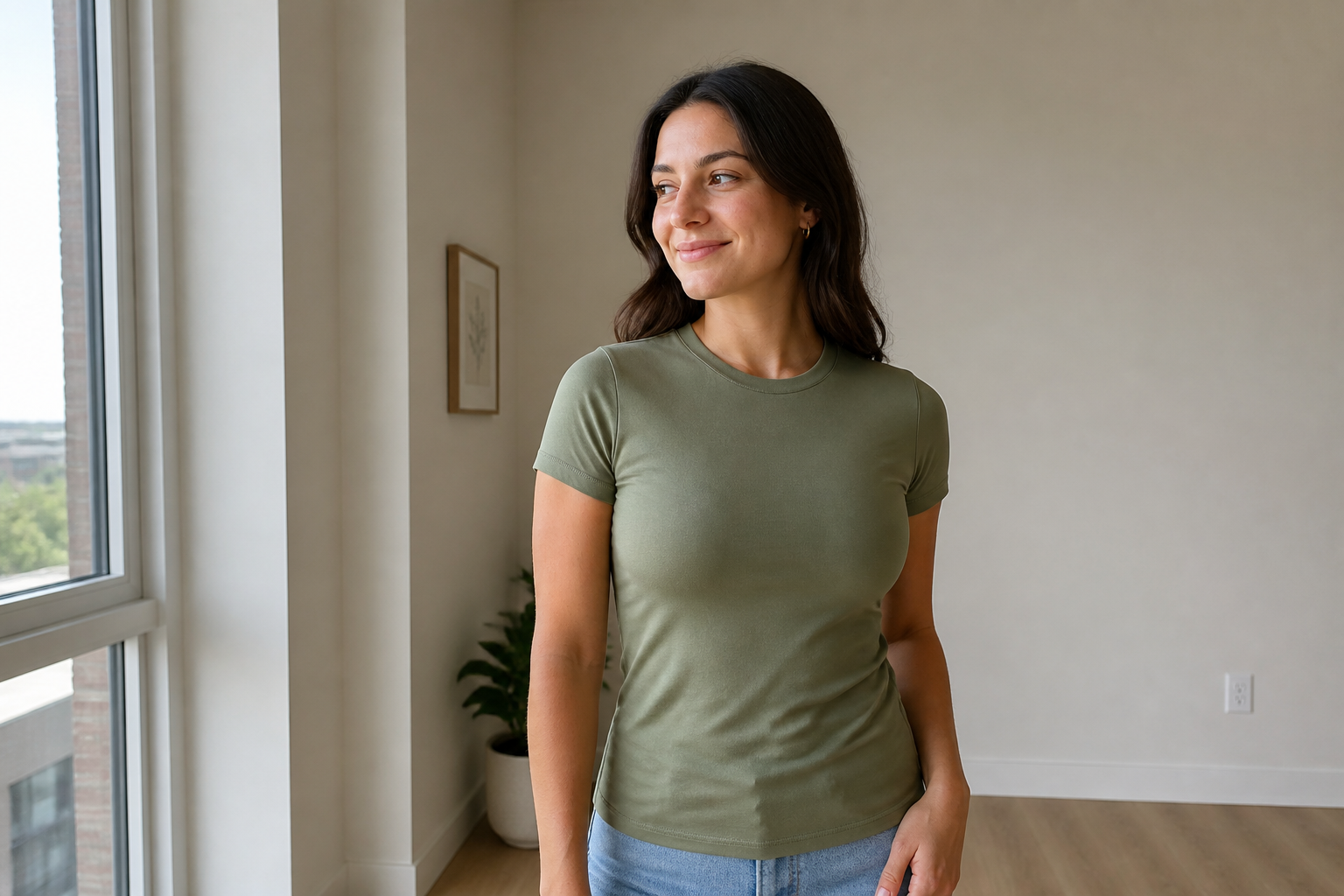 Confident woman wearing the tee with a lifted shape