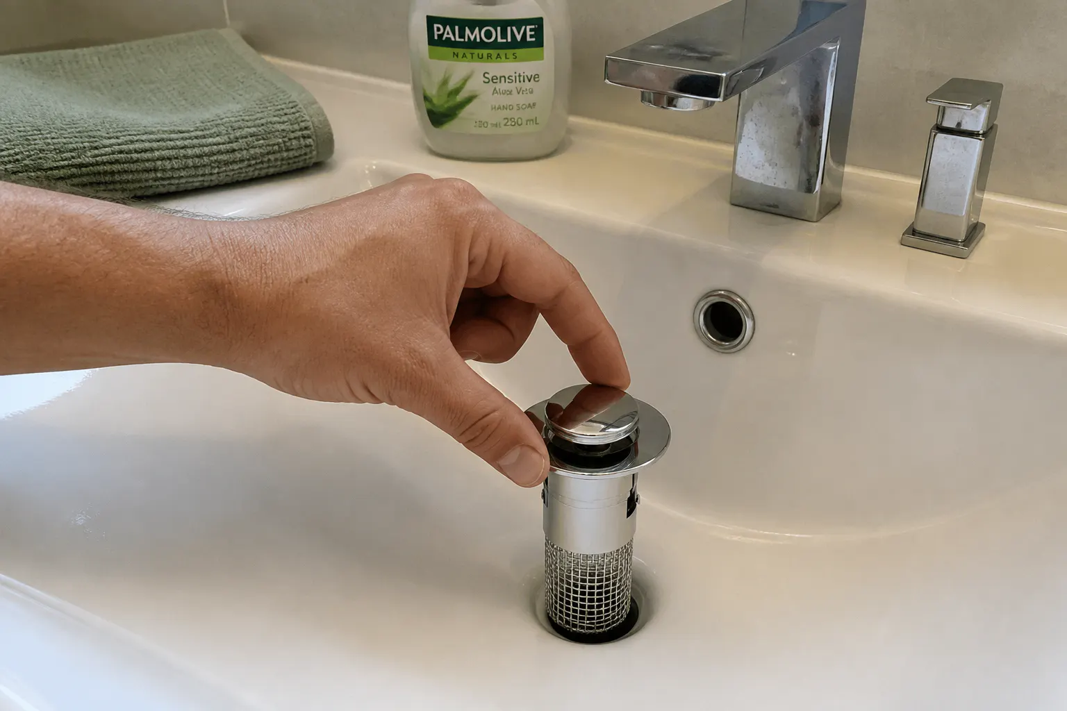 Chrome push-pop sink drain plug seated flush in a basin
